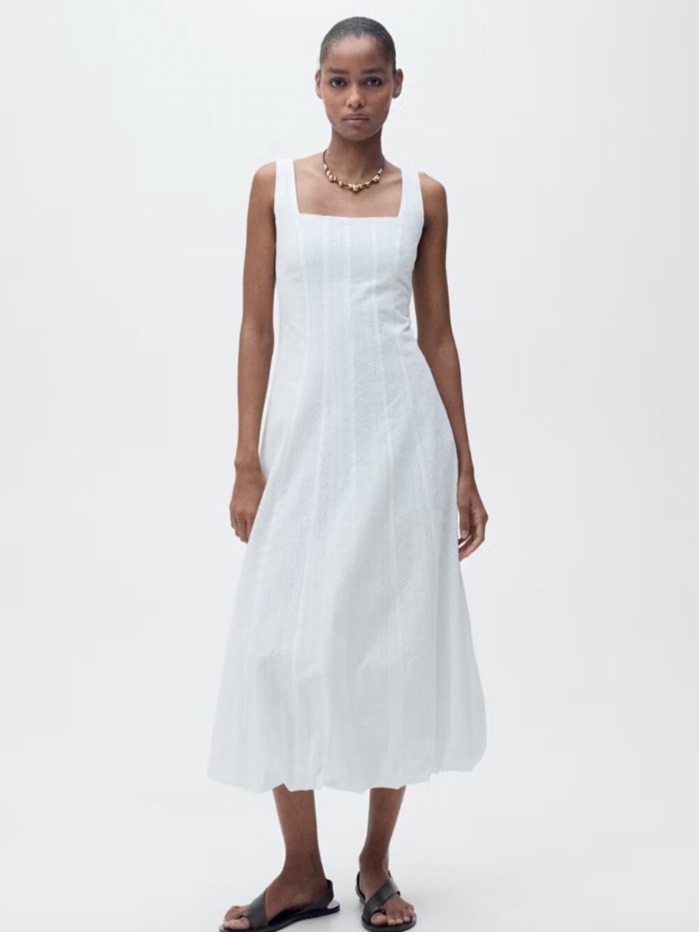 Mango Embroidered 100% Cotton Midi Dress with Puffed Hem White Small